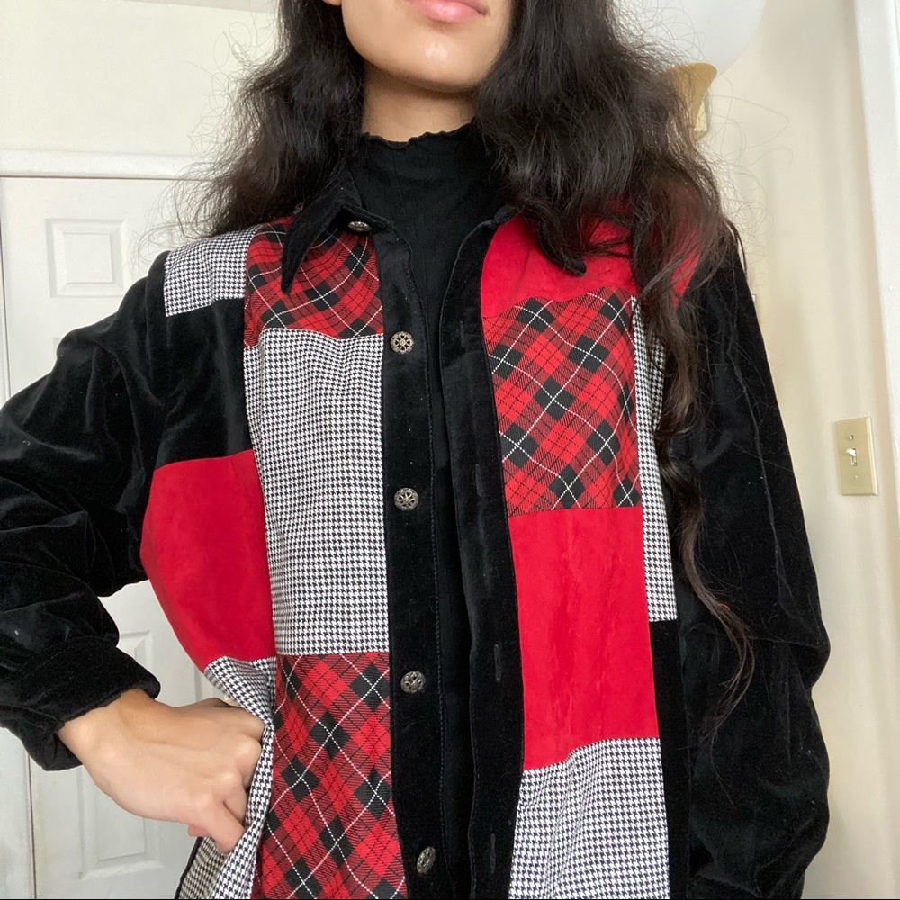 Perfect fall patchwork jacket. Corduroy and velvet, Plaid and houndstooth design